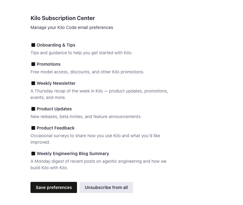 Kilo Subscription Center showing email preference options including Onboarding & Tips, Promotions, Weekly Newsletter, Product Updates, Product Feedback, and Weekly Engineering Blog Summary